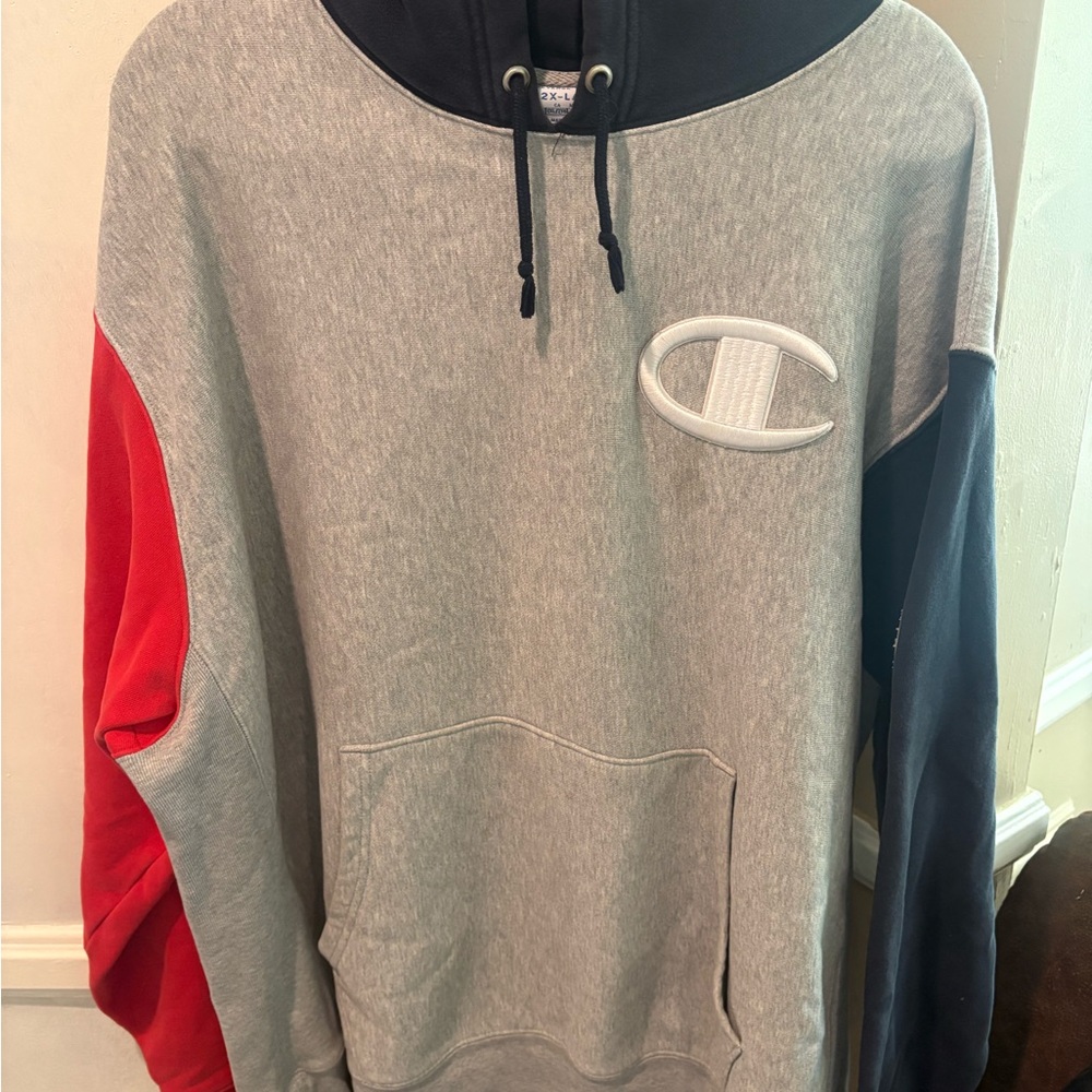 Champion Tri-Color Hoodie in Gray, Red, and Black
